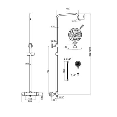 Carysil Spa Shower Set TF102 and TF102BLK Technical Drawings