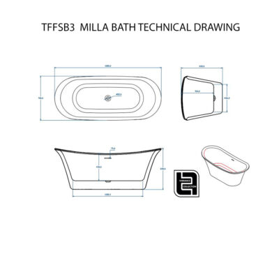 Carysil Milla 1700 Free Standing Bath Technical Drawing