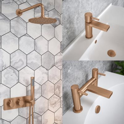 Brushed Copper Basin Tap, Bath Filler and Thermostatic Shower Set