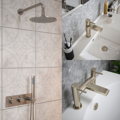 Brushed Nickel Basin Tap, Bath Filler and Thermostatic Shower Set