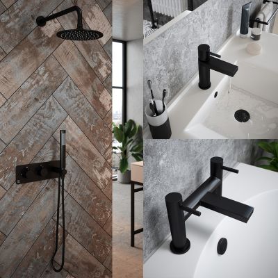 Vanto Black Basin Tap, Bath Filler and Thermostatic Shower Set