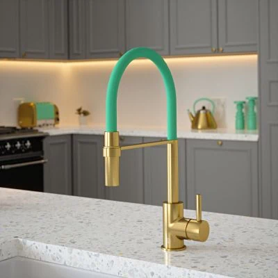 Carysil Tube Tap Without Spray Function in Brushed Brass with Aqua Sea Tube