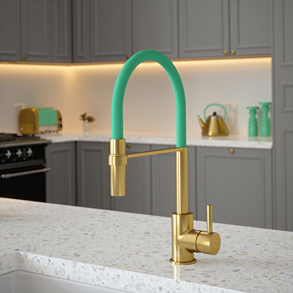 Carysil Tube Tap Without Spray Function in Brushed Brass with Aqua Sea Tube