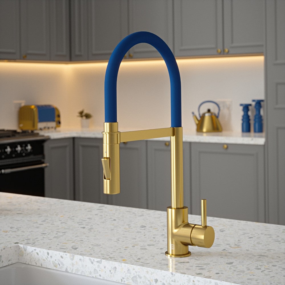 Carysil Tube Spray Tap in Brushed Gold with Salamanca Blue Tube
