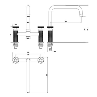 Alternative view of Quilt Diamond Carved Bridge Kitchen Mixer Tap - Brushed Copper with Black Wheel Handles