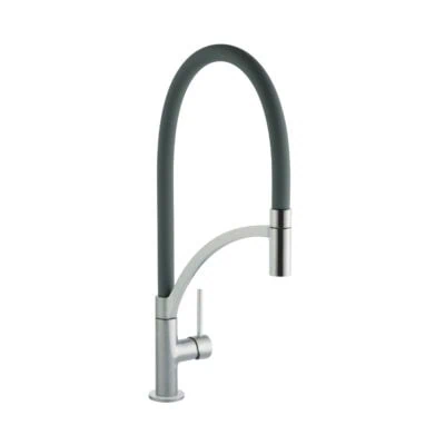 Single Lever Tube Kitchen Mixer Brushed Steel with Gun Metal Hose