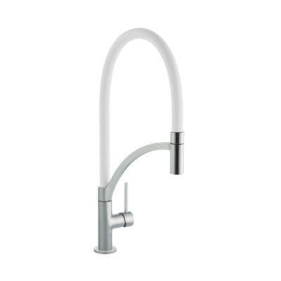 Single Lever Tube Kitchen Mixer Brushed Steel with White Hose