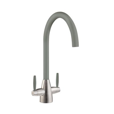 Twin Lever Kitchen Mixer Brushed Steel with Graphite Grey Spout and Handles